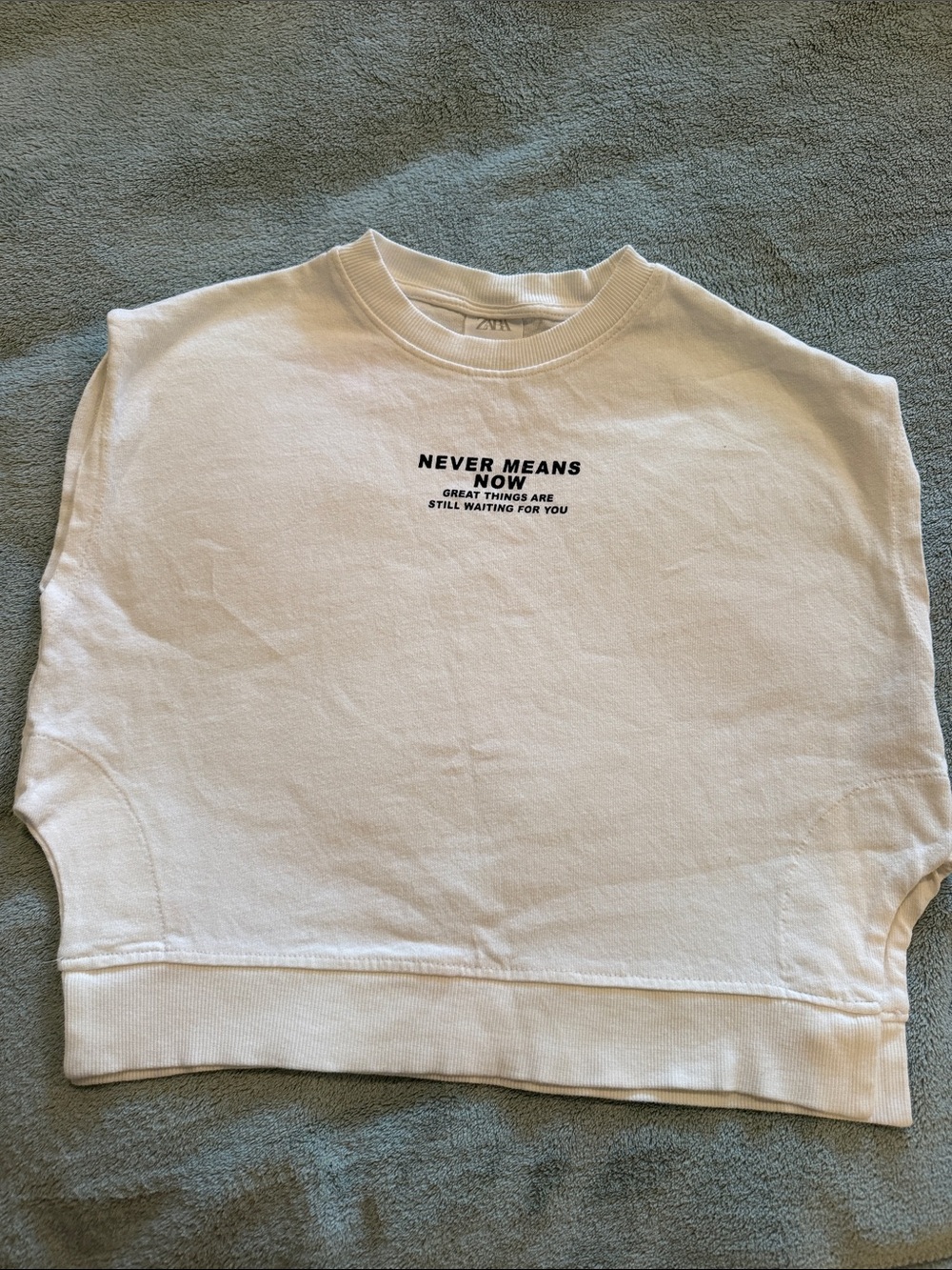 Zara White Short Sleeve Tee with 'NEVER MEANS NOW' Chest Text